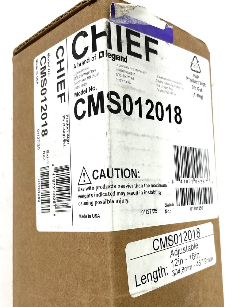 Open Box Chief CMS012018 12-18 Inch Adjustable Extension Column Black