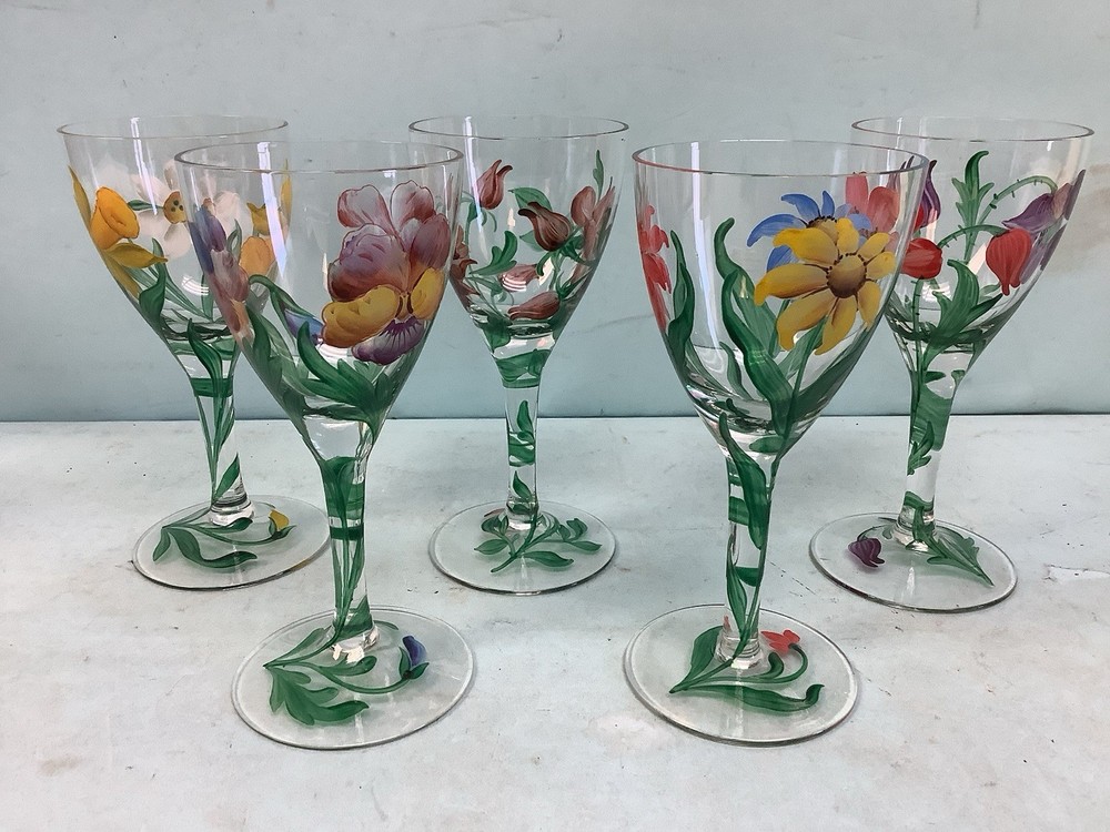 Stemware, 5 Handpainted Floral Motif 5” Tall