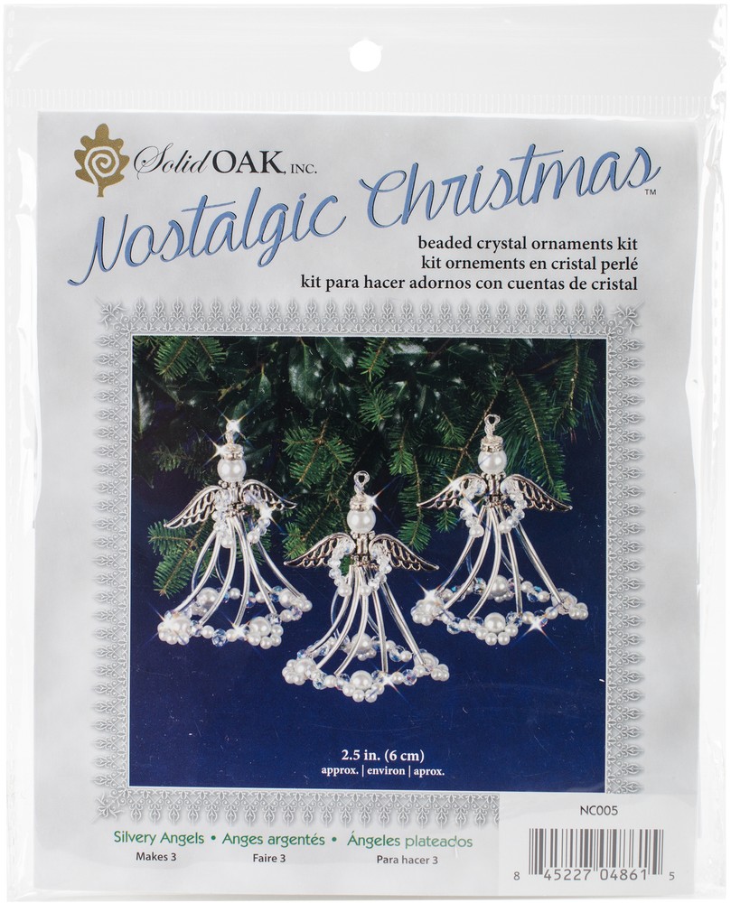 Solid Oak Nostalgic Christmas Beaded Crystal Ornament Kit-Silver Angels Makes 3