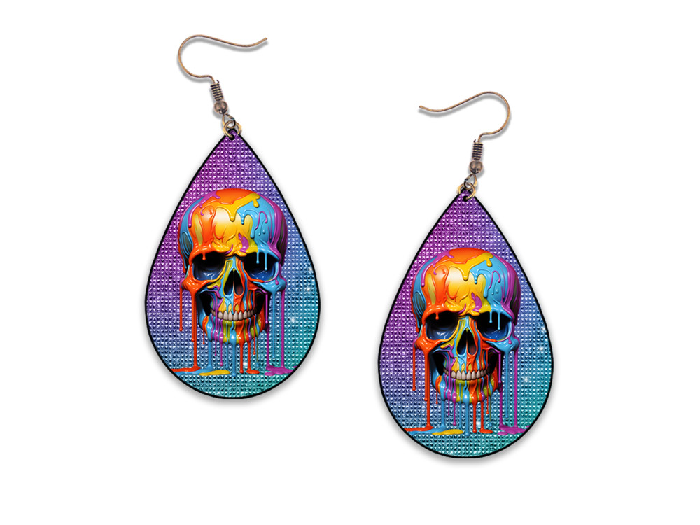 Glitter Rainbow Dripping Skull Teardrop Earrings