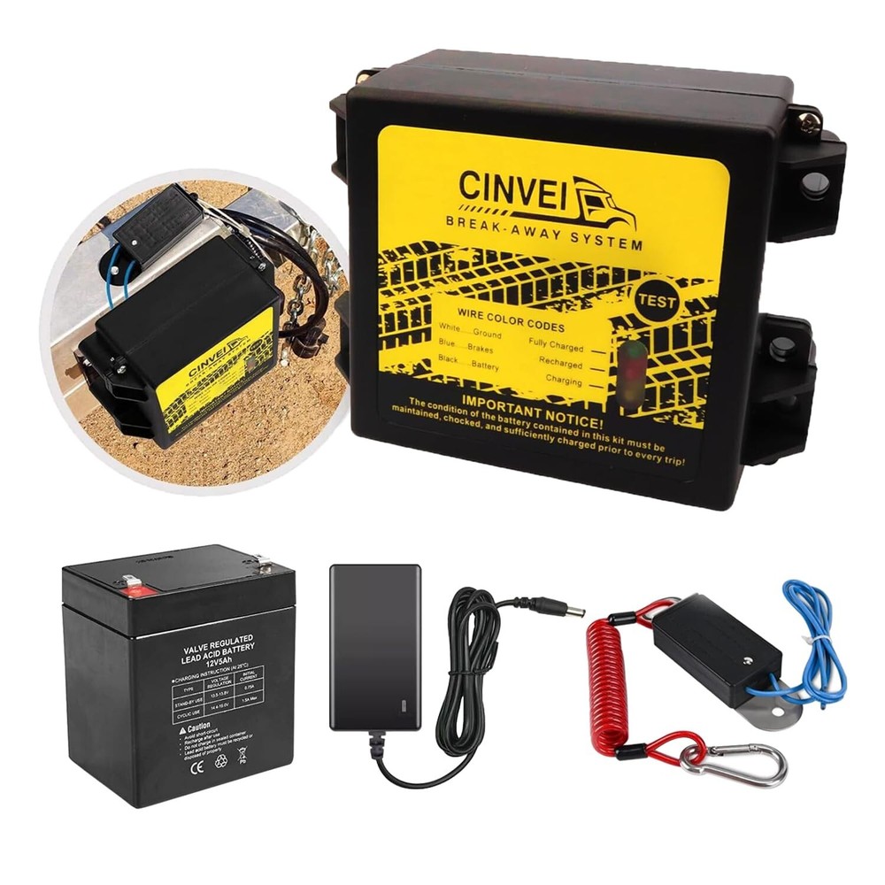 Trailer Brakes Breakaway Kit with Charger, LED Indicator, Switch, 12V5AH Battery