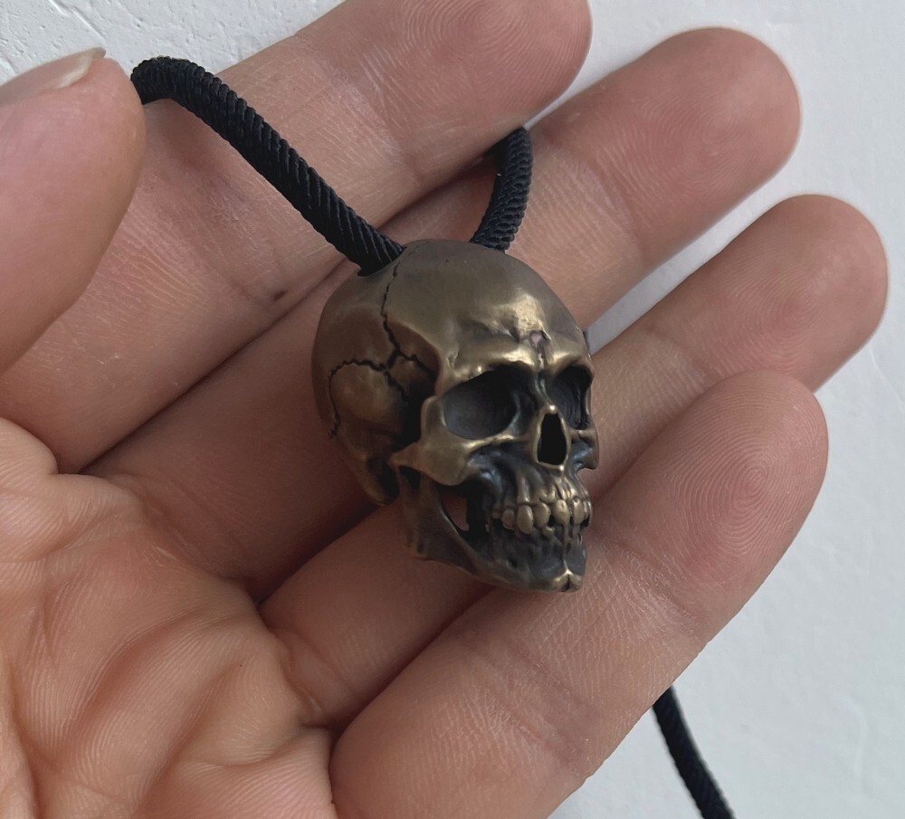 Solid Brass Skull Head Statue Pendant Chain Bead Human Skeleton Model Decor