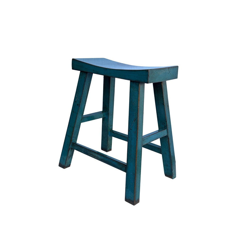Distressed Teal Blue Rectangle Backless Slim Stool Bench Side Table JK327