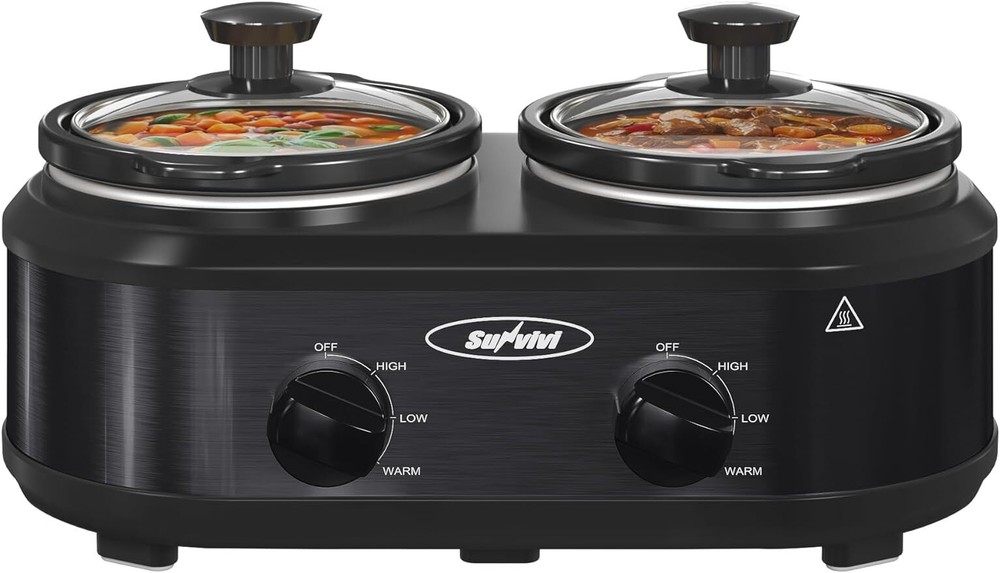 Double Slow Cooker 2 Pot Mini Crock Buffet Server & Warmer Removable Ceramic Pot