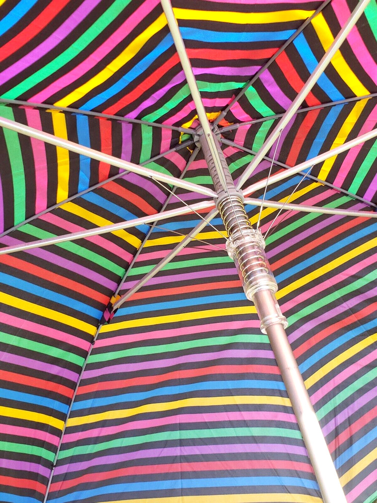 Vintage TOTES Umbrella Full Sized Striped Silver Lucite Handle