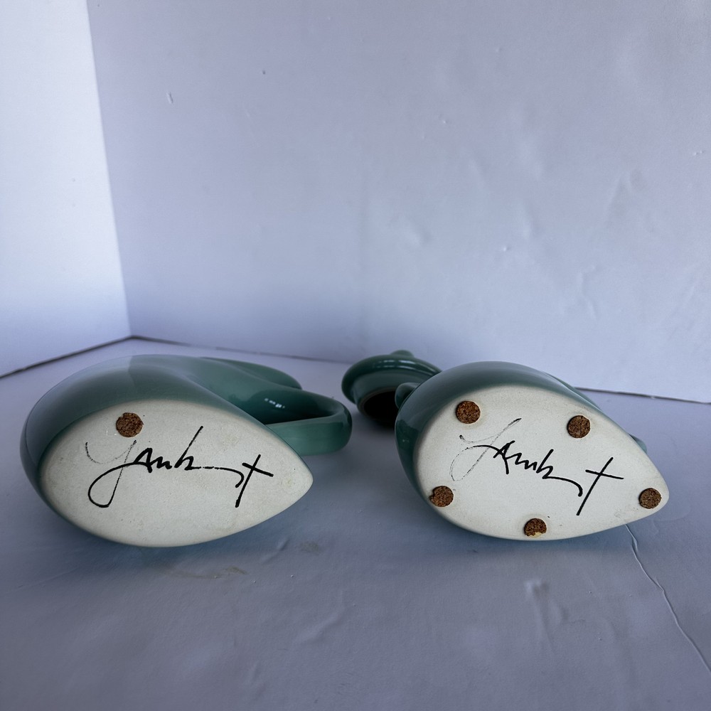 MICHAEL LAMBERT STUDIO Dancing & Struttin Creamer & Sugar Set Signed Aqua Green
