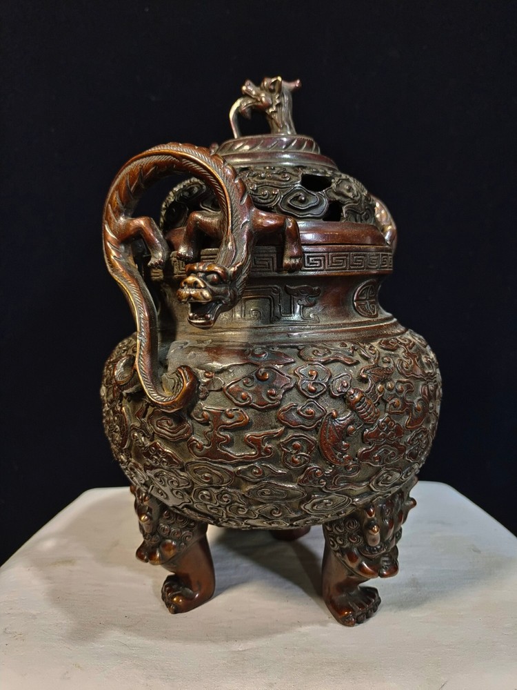 24cm Collect copper bronze dragon ear bat clouding pattern Incense burner pot