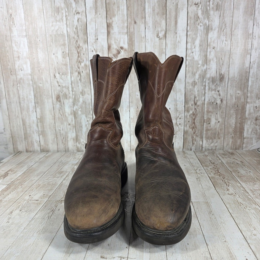 Justin Mens Leather Work Boots Brown Size 85 EE Pull On Round Toe