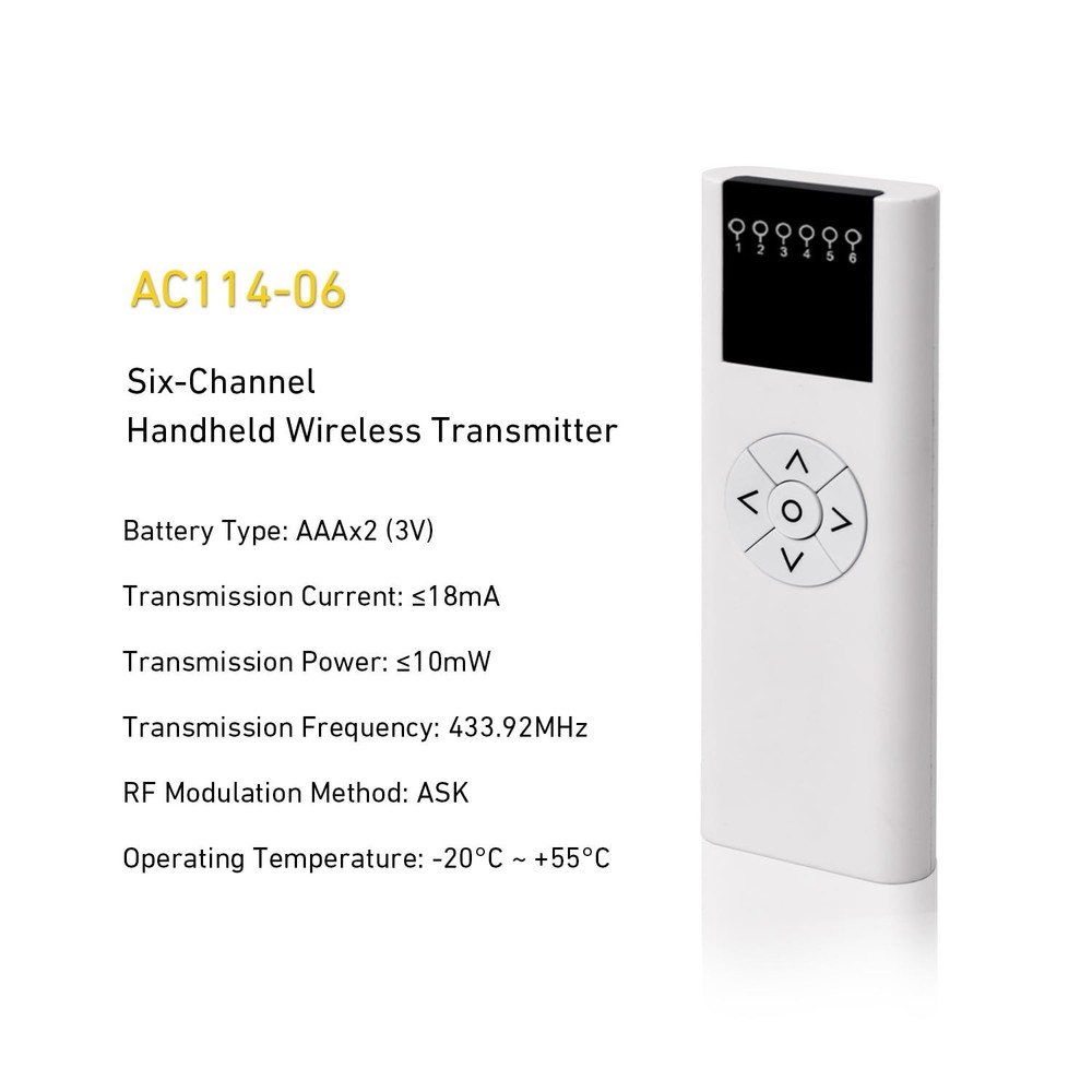 AC114-06B Blinds Remote Control，6 Channel RF Transmitter(433.92Mhz) for E