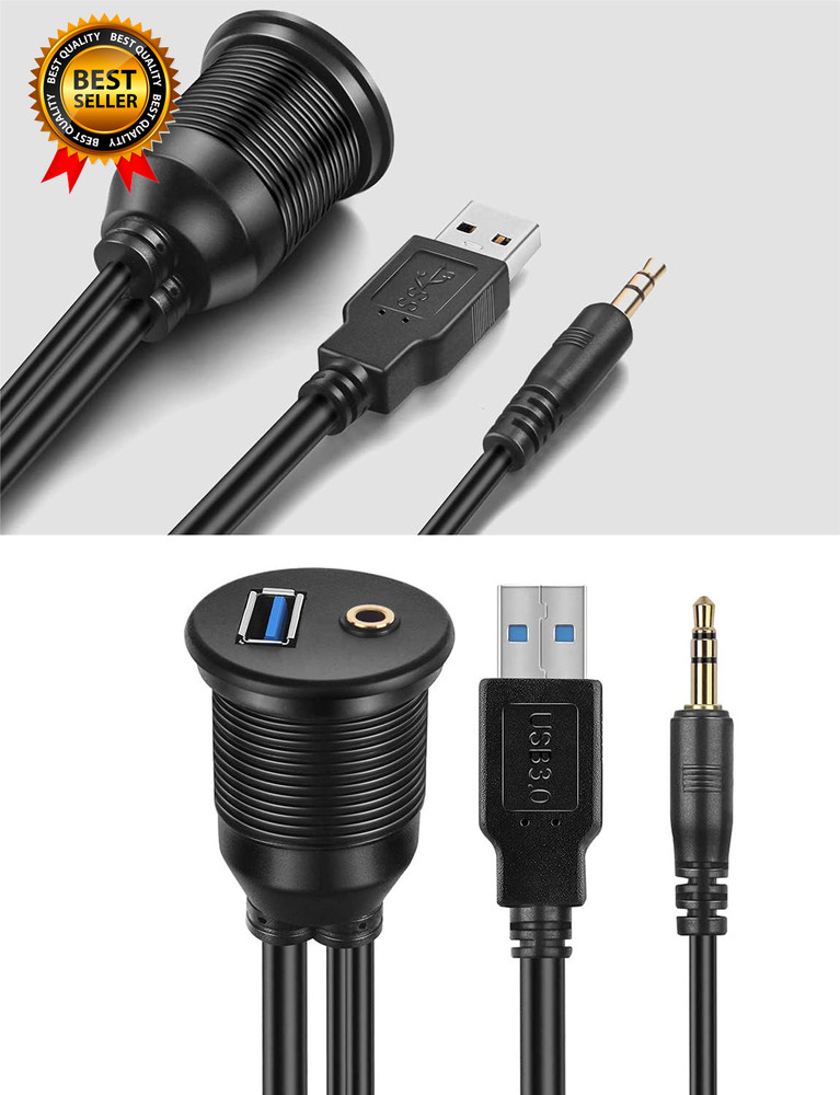 USB Flush Mount 3.5Mm & USB 3.0 AUX Extension, Dash & Panel Mount Cable for Car