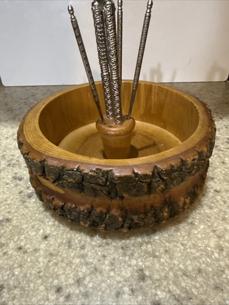 Vintage Rustic Ware Nut Cracker Bowl, Tree Bark, With 3 Picks And Nut Cracker