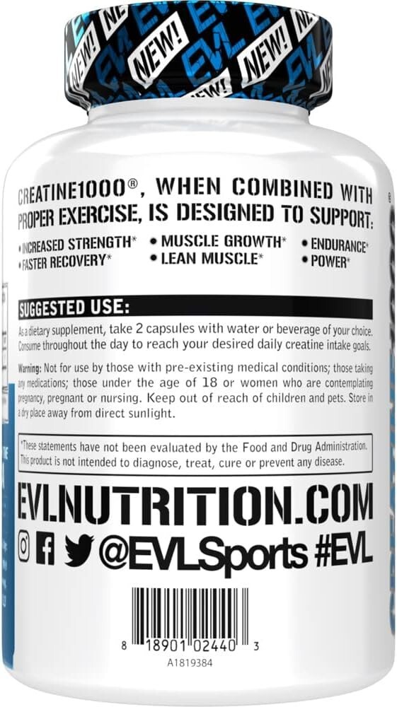 Evlution Pure Creatine Monohydrate Capsules 1000mg Pre and Post Workout