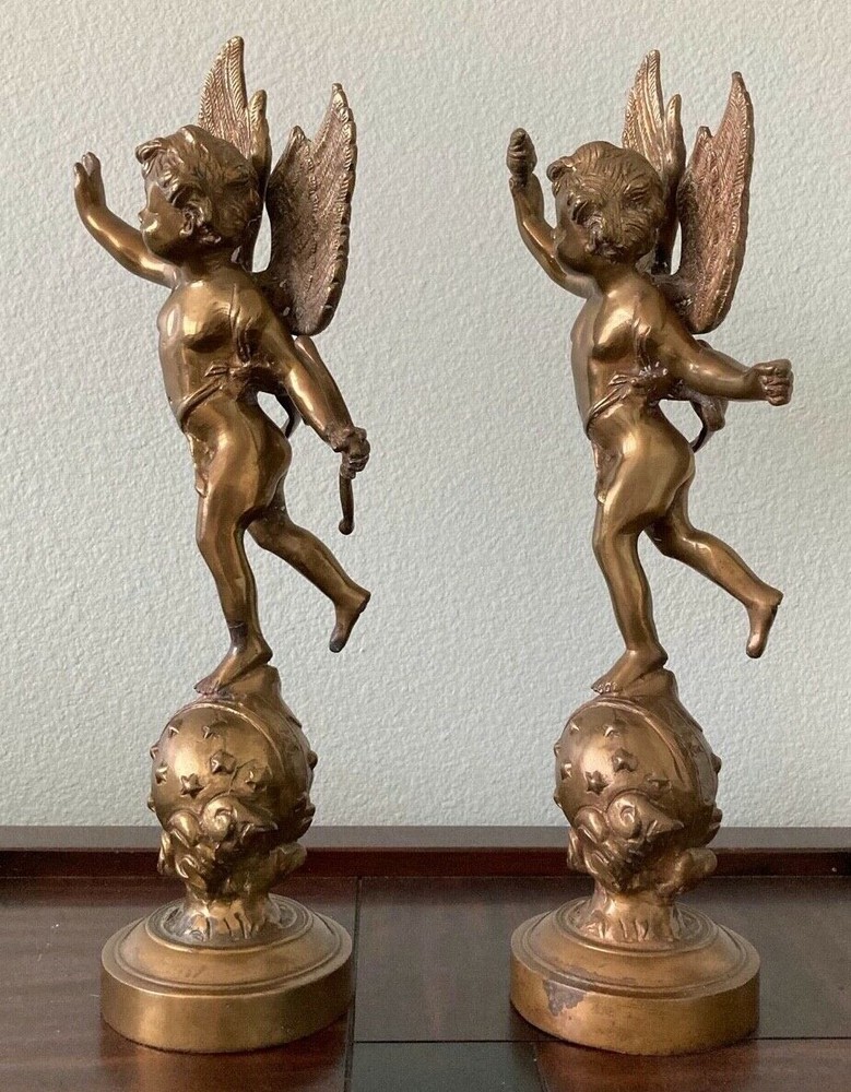 Solid Brass Cherub with Torch and Cupid Bow - Set. 17.5"