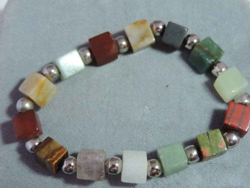 Multi-color Agate Quartz Stone Sq Cube Bead Stretch Bracelet Cf 67