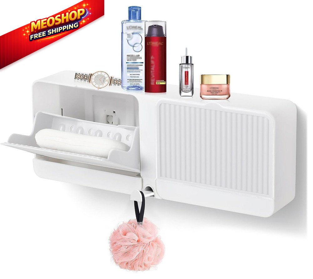 PEFWO Soap Holder with Hooks, 2-in-1 Wall Mounted Dish, one size, White