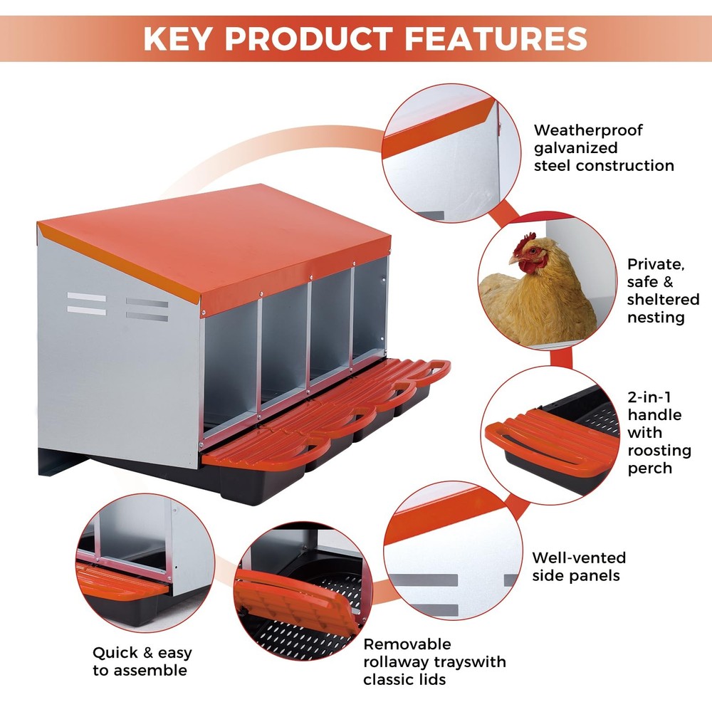 Chicken Nesting Boxes for Laying Eggs, 4-Compartment Roll-Away Nesting Boxes