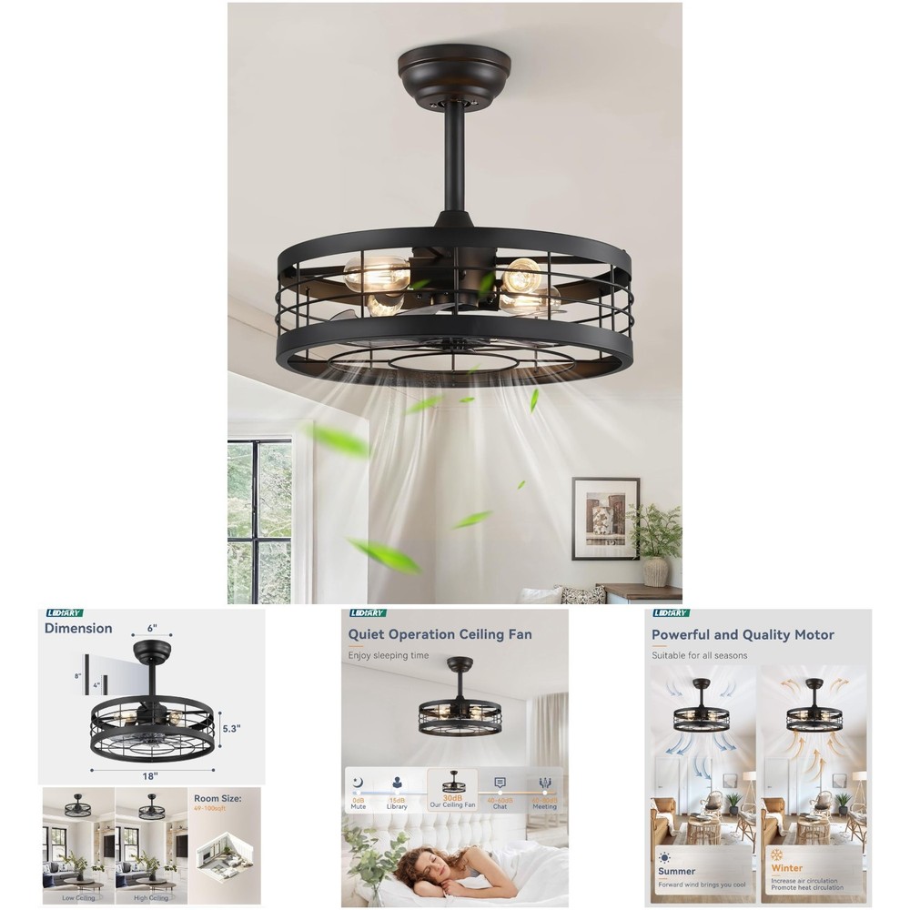 18 Inch Black Bladeless Ceiling Fan with Light Remote Timing