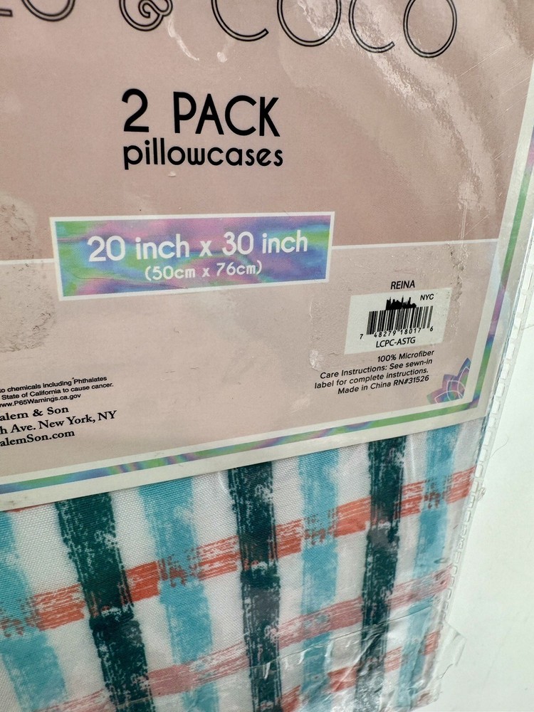 Pillowcases Lulu & Coco 2pc Reina Pattern 20” X 30” Microfiber NEW Plaid Bars