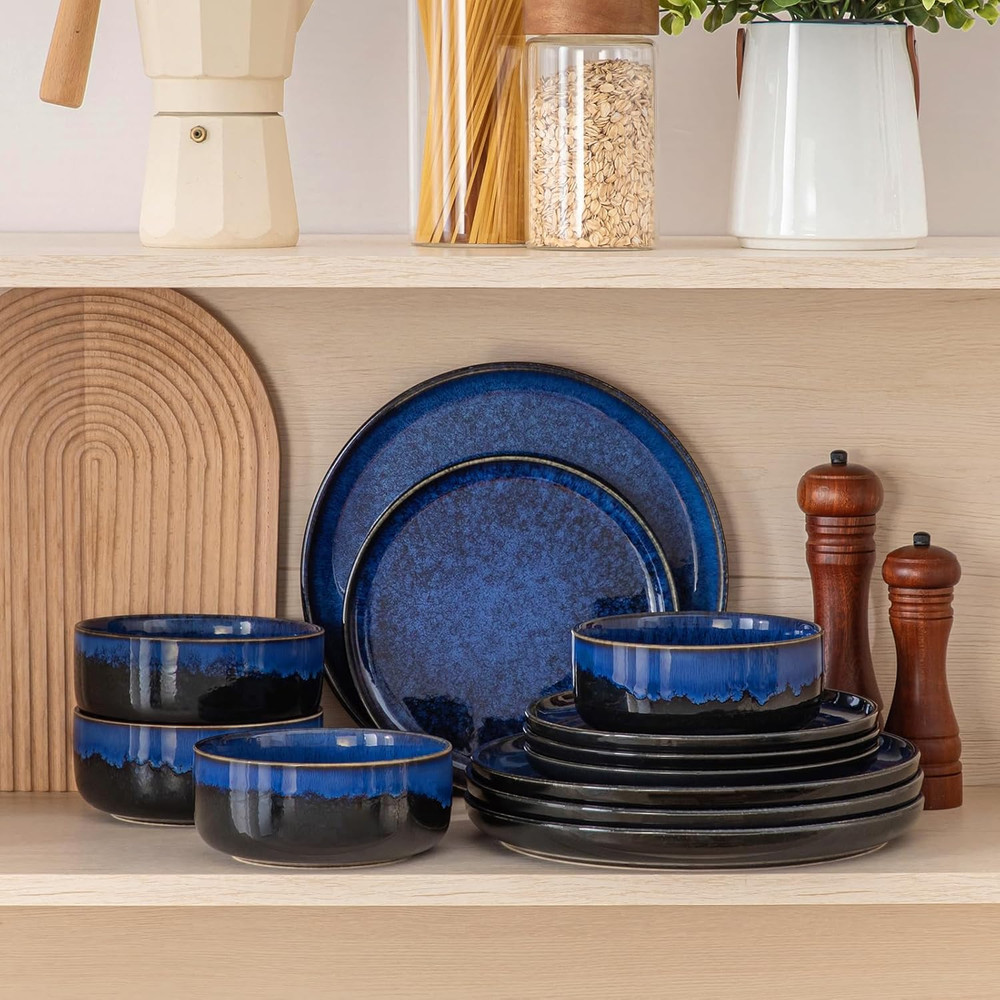 Starry 12 Pieces Dinnerware Sets for 4, Blue Reactive Glaze Dishes Sets, Ceramic