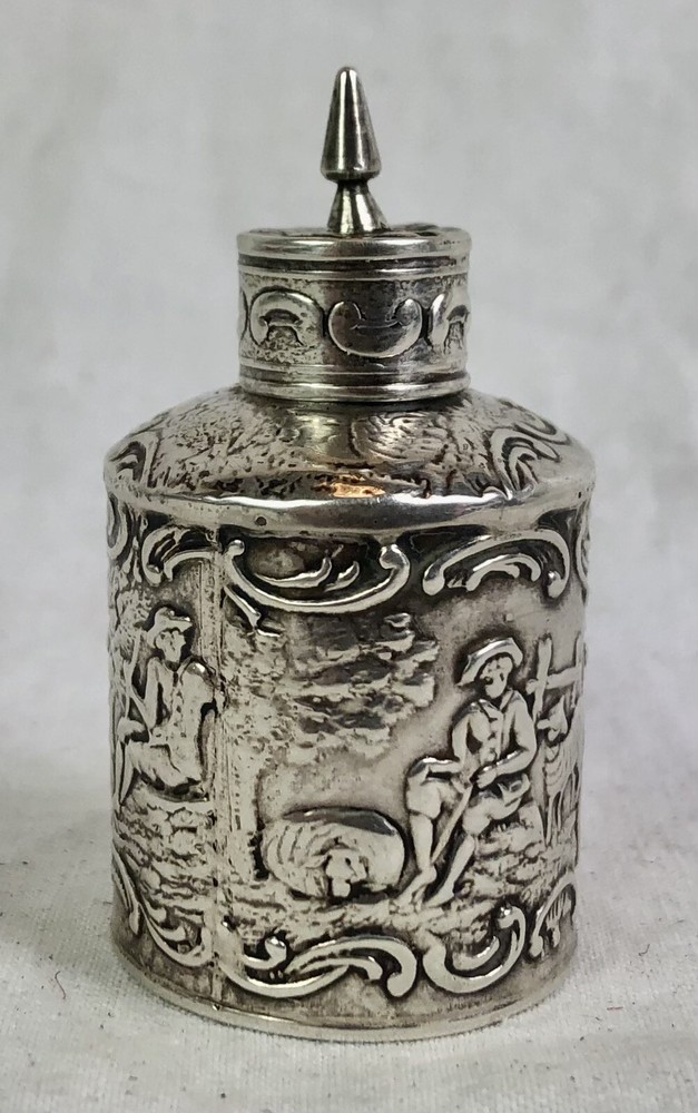 ANTIQUE SOLID SILVER MINIATURE TEA CADDY, REPOUSSE, DUTCH / ENGLISH, VICTORIAN