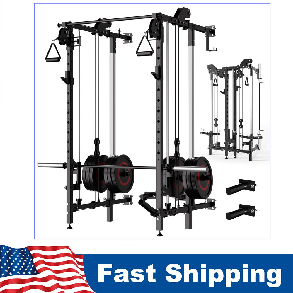 Garvee Folding Squat Rack Wall Mounted Power Rack W/ Pulley System & Pull Up Bar