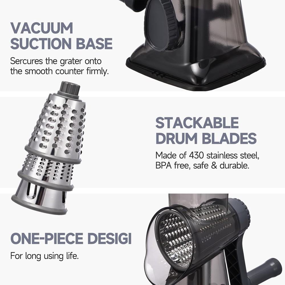 Deluxe Hand-Crank Cheese Grater with Safety Features & Interchangeable Blades