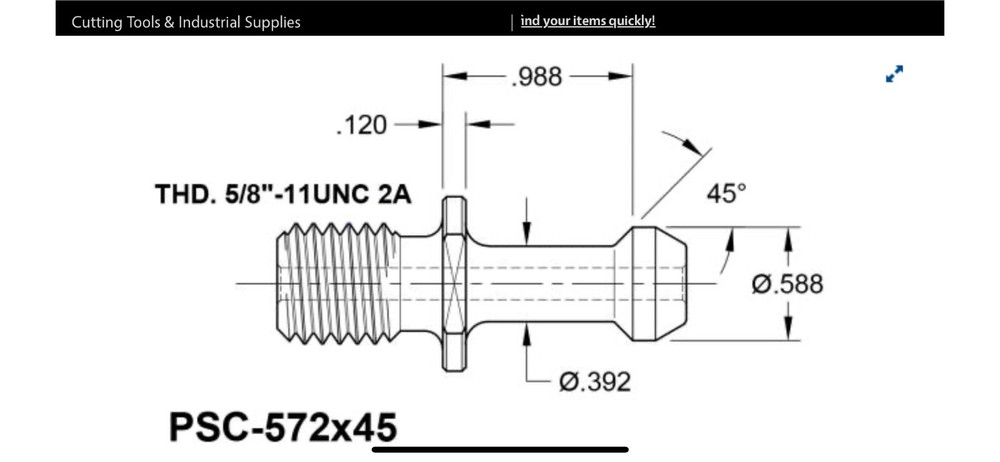 Retention knob/ Pull Stud Coolant through PSC-572x45 CAT 40