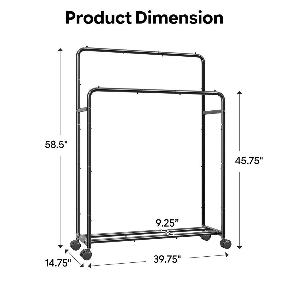 Double Rod Clothes Rack Rolling Garment Rack Black