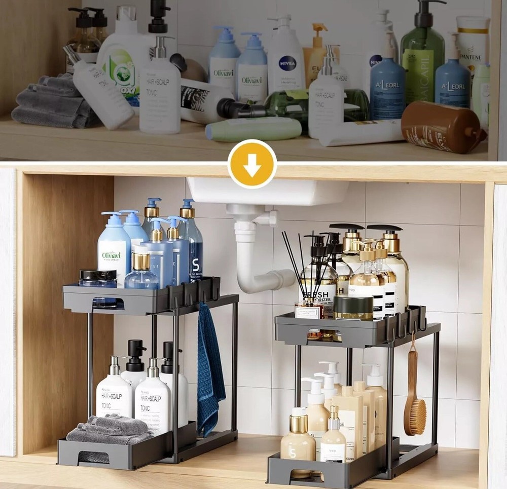 Delamu Under Sink Organizers and Storage, 2 Pack Pull Out Kitchen Black