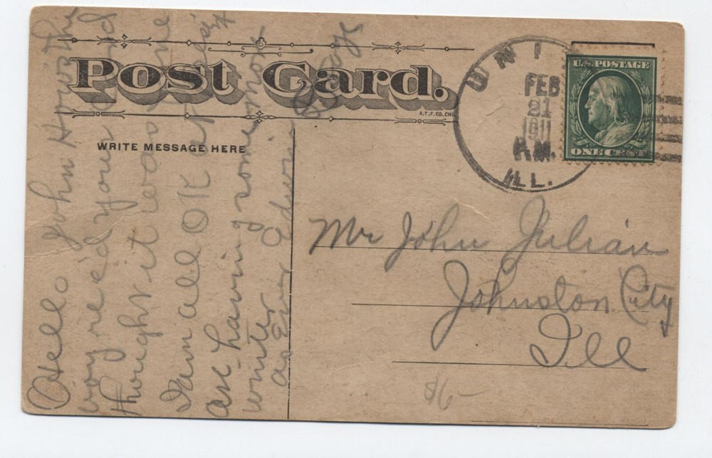 1911 unity IL 4-bar handstamp on postcard [6032.187]