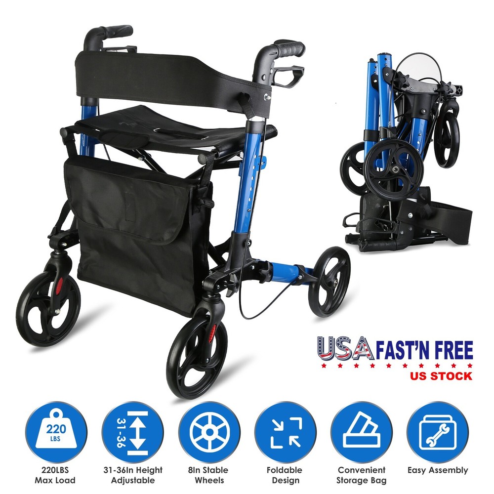 Aluminum Rollator Walker with Seat Backrest Foldable Rolling Walker with 220LBS