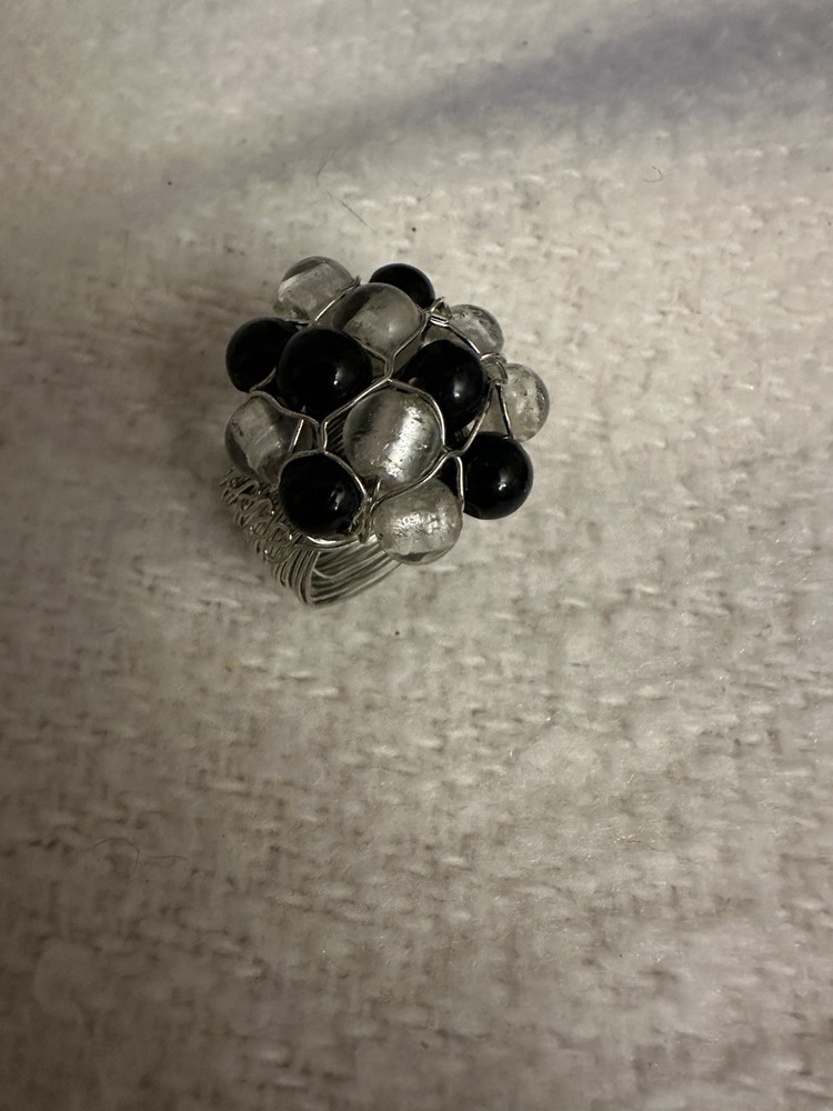 Black Bead & Silver Foil Clear Bead Wire Wrapped Statement Ring Size 9