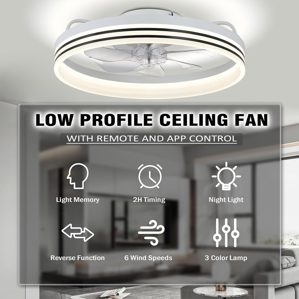 Modern 20" Bladeless Ceiling Fan with Dimmable Lights for Home - White