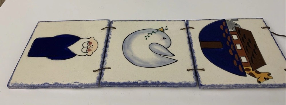 Wall Hanging Handmade Ceramic Tile & Wire Noah’s Ark Theme 17" x 4" EUC