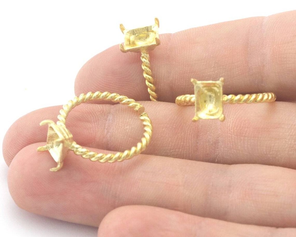 Octagon Twisted Base Bezel Adjustable Ring Shiny Silver-Gold raw brass 5048