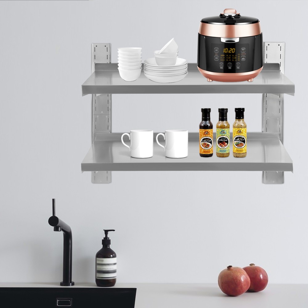 2 Tiers Commercial-Grade 201 Stainless Steel Wall Shelf with Adjustable Height