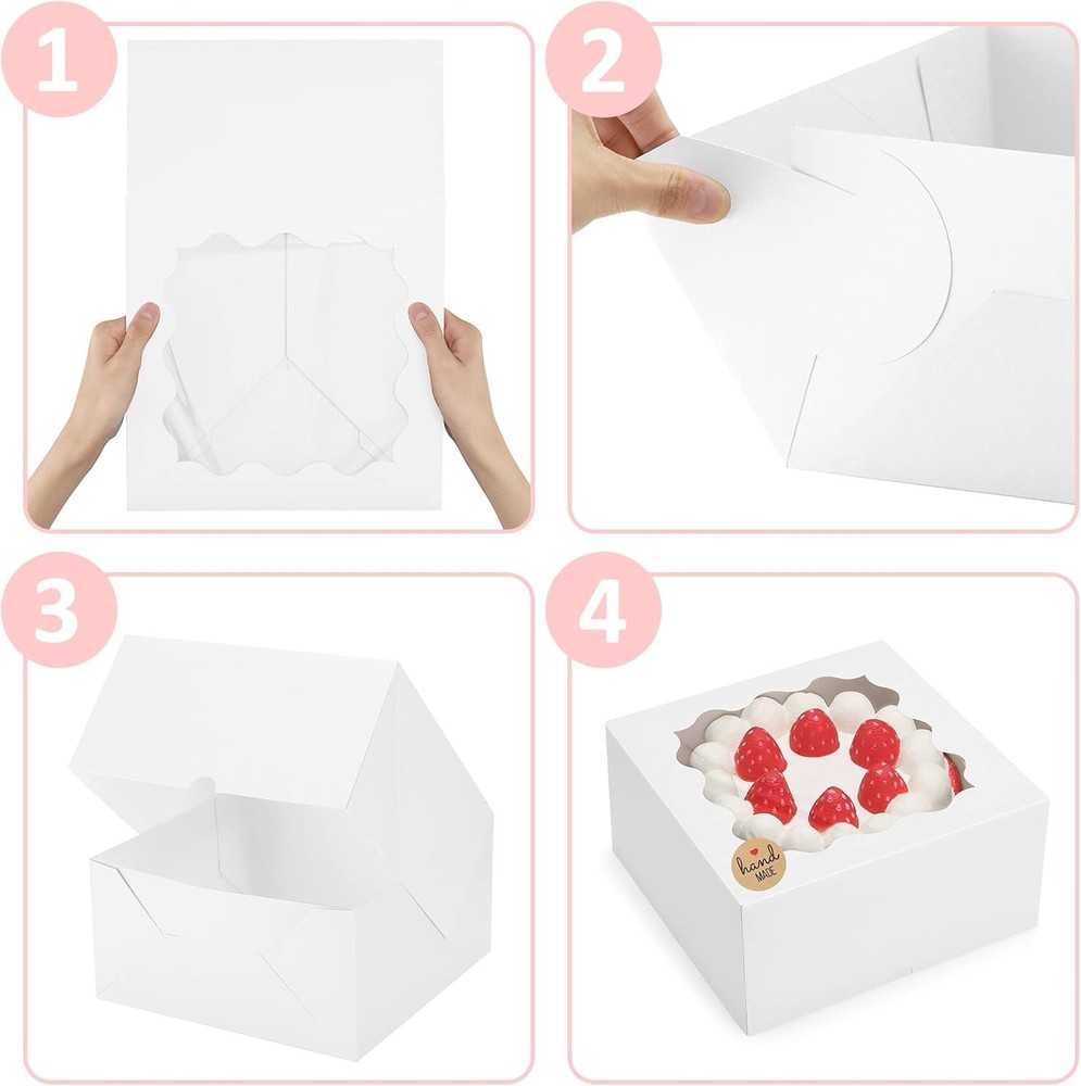 Auto-popup 10x10x5 Cake Boxes with Window, 24pcs Quick Fold White Bakery Boxe...