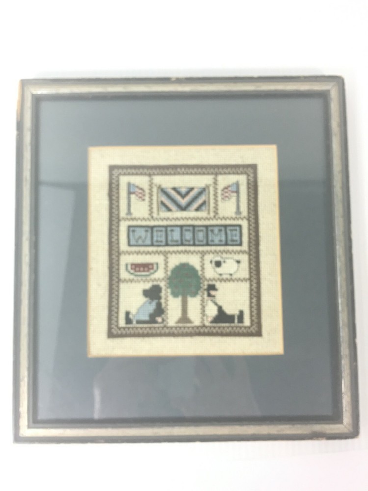 Vintage Framed Cross Stitch Welcome Needlework Sampler Wood Frame Americana