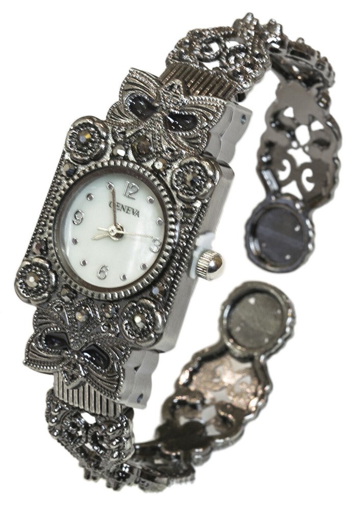 Blekon Collections Women's Antique Rectangular Case Marcasite Bangle Cuff Watch
