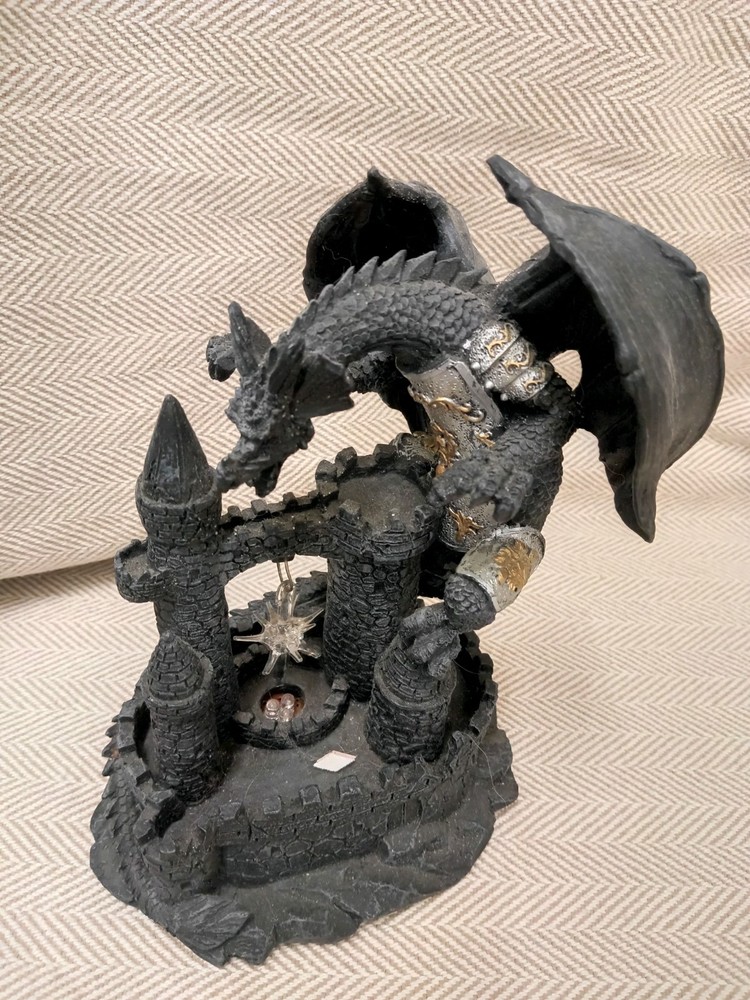 Silver & Black Dragon Watching Over Glitter Globe encased Castle