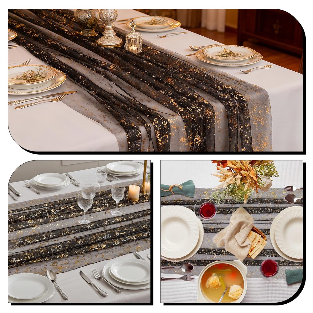 6 PCS Black Table Runner 10Ft Sheer Chiffon Cheesecloth Sequin Glitter Rug