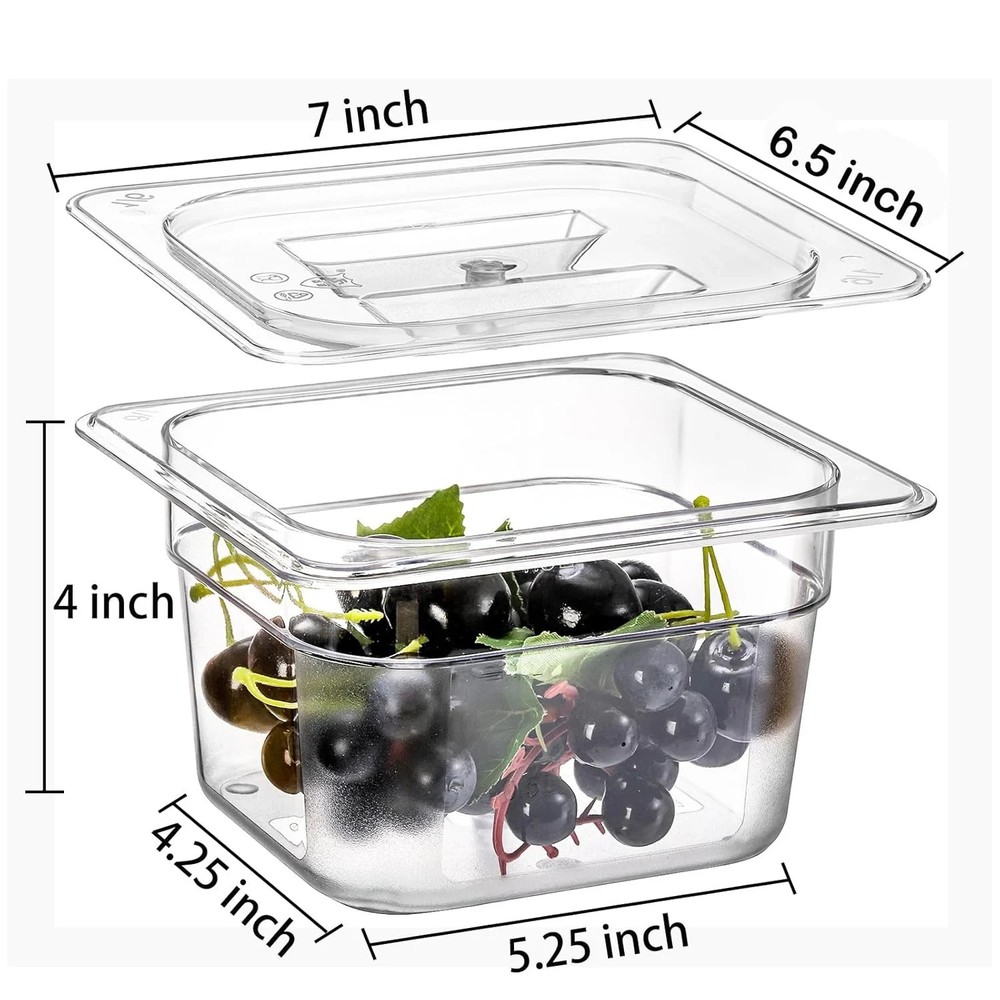 6 Pack 1/6 Size Clear Polycarbonate Food Pans With Lids 4" Deep For Kitchen
