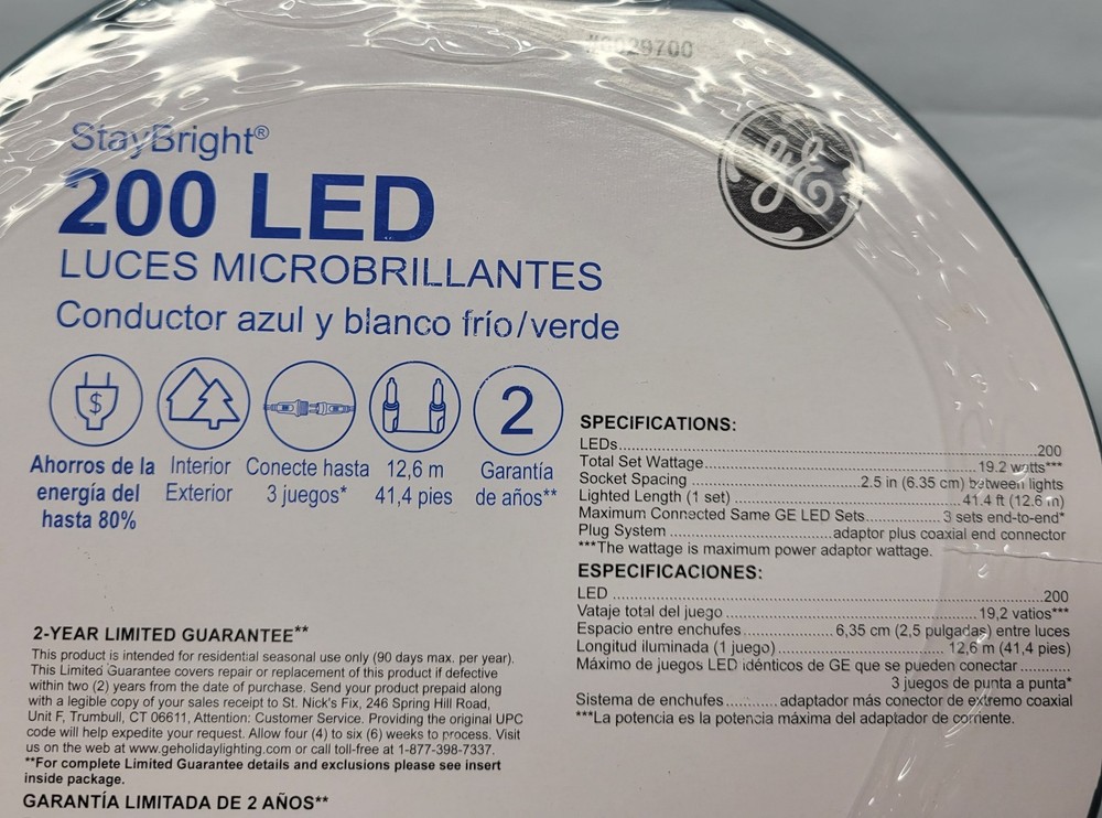 Ge Staybright 200 Micro Bright Blue & Cool White LED String Lights 41’ Holiday