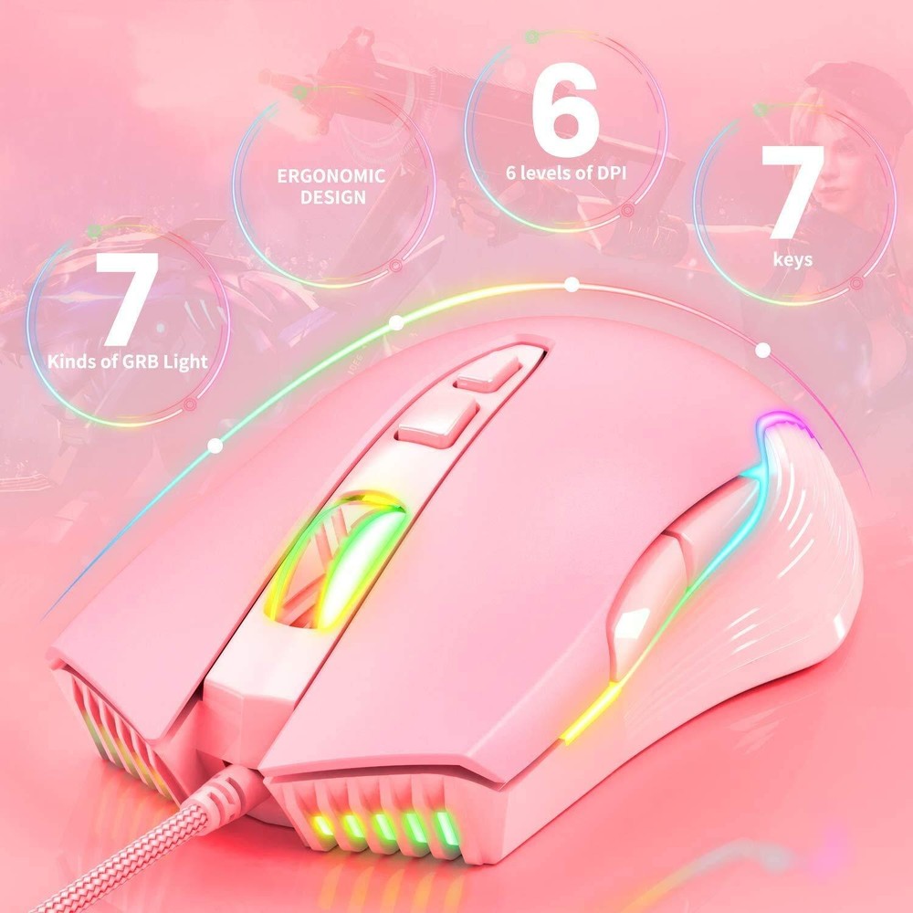 RGB Gaming Mouse Wired 6400 DPI 7 Programmable Buttons Pink Ergonomic