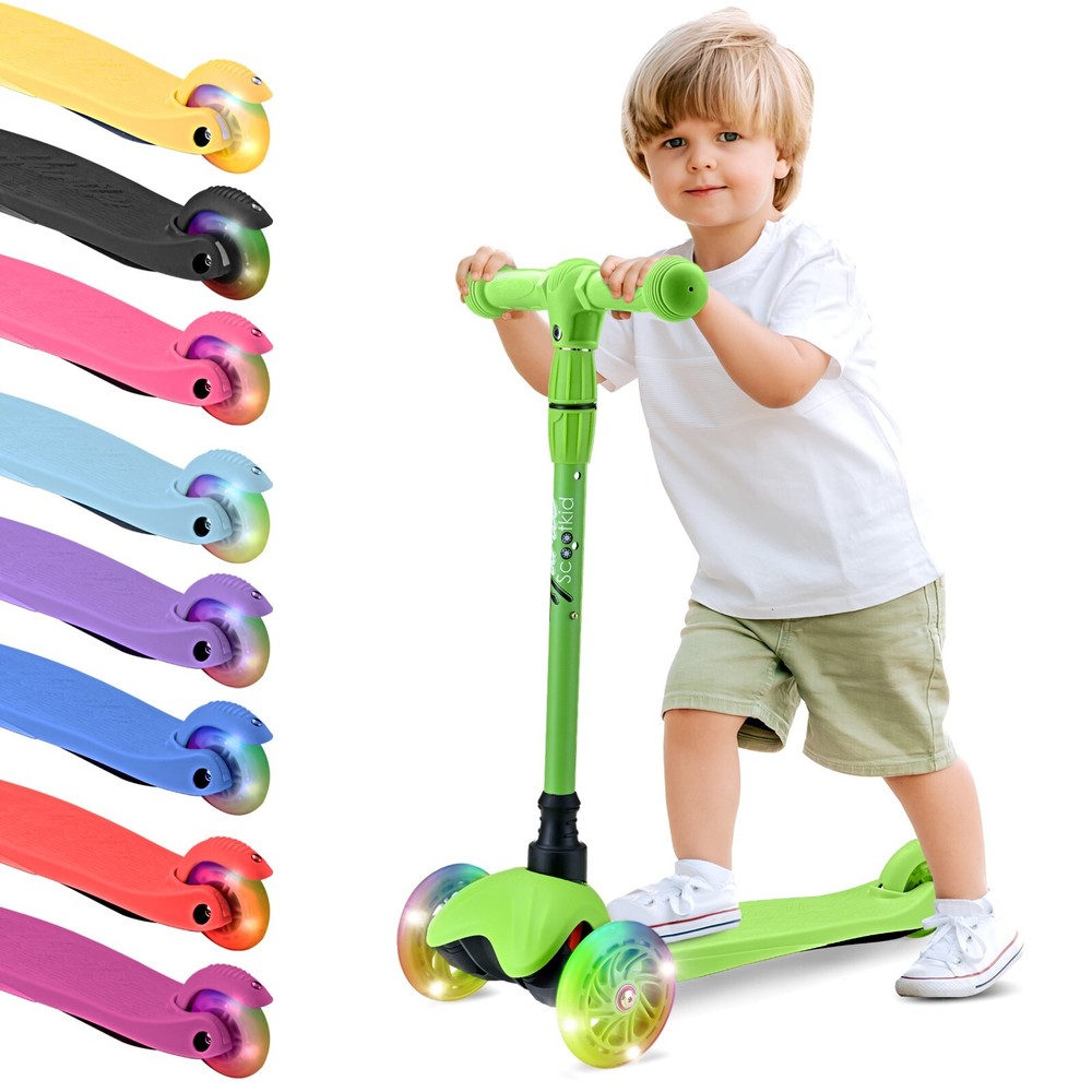 Hurtle Lightweight & Adjustable Mini Kickboard Scooter w/ LED Light Wheel -Green