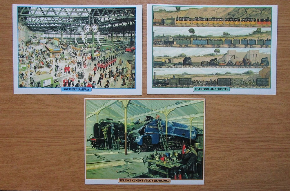 THREE 9.7" x 6.6" BRITISH RAILWAY PRINTS  FROM 3 PAINTINGS DESCRIPTIONS ON BACKS