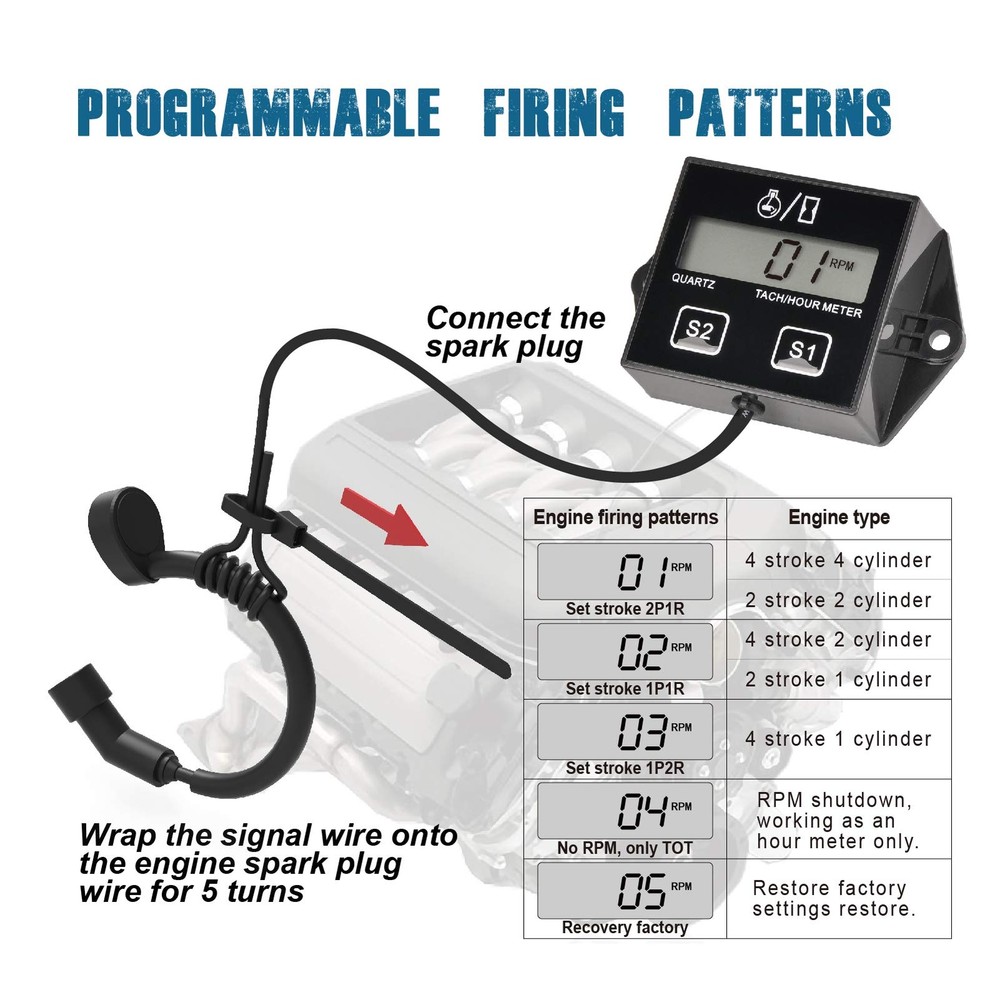 Digital Hour Meter Tachometer Maintenance Reminder Battery Replaceable Automa...