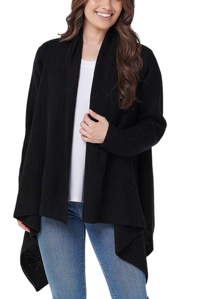 Joan Rivers Plush Ribbed Waterfall Front Cardigan Black