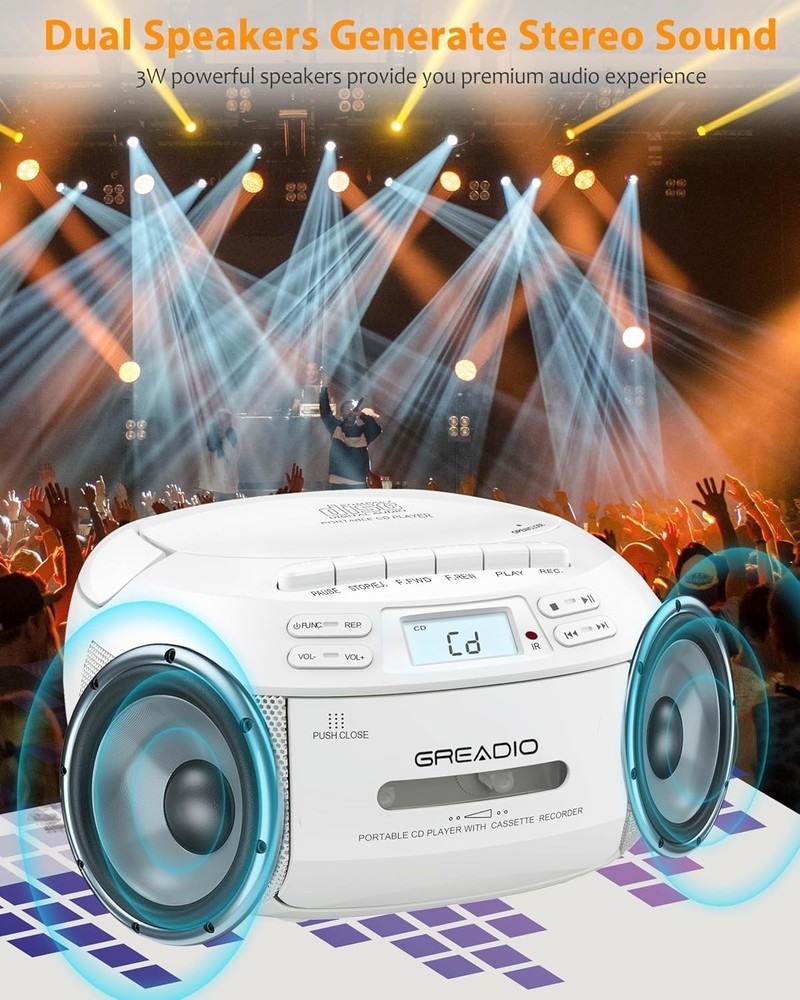 Greadio CD Cassette Boombox Bluetooth AM/FM USB Remote