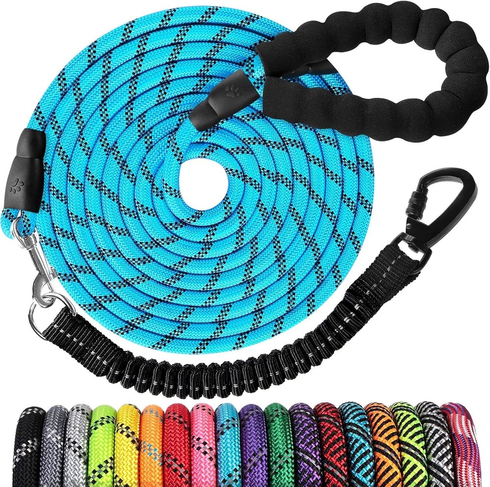 30 FT Long Rope Dog Leash Lockable Hook & Padded Handle Blue Training Lead